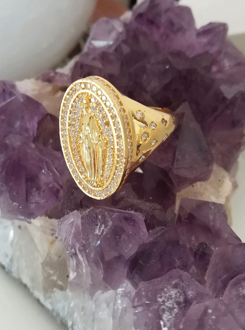 anello argento dorato zirconi vergine maria